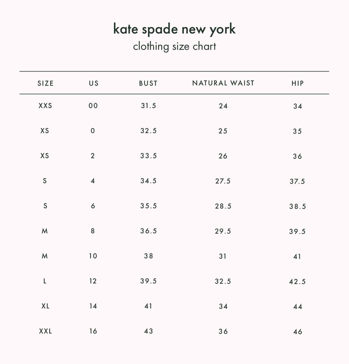 Kate Spade Clothing Size Chart
